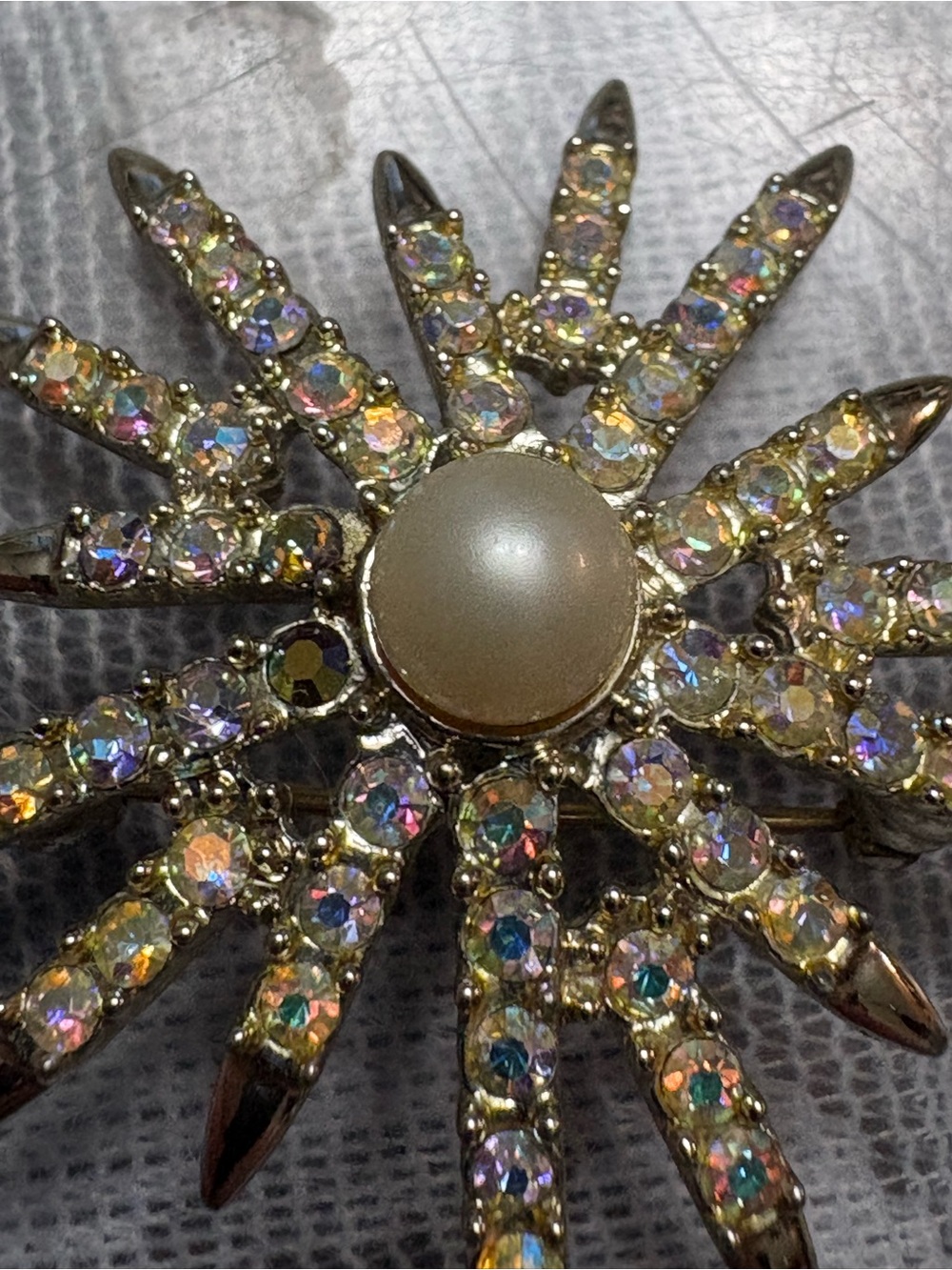 Emmons Gold-Tone Starburst Brooch with Faux Pearl and Iridescent Crystals